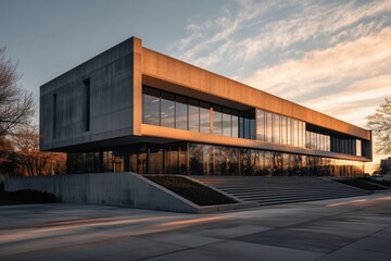Obraz premium Minimalist concrete and glass concept building with sharp angular geometry. The brutalist facade contrasts elegantly with sleek glass surfaces, highlighted by dramatic sunset lighting 