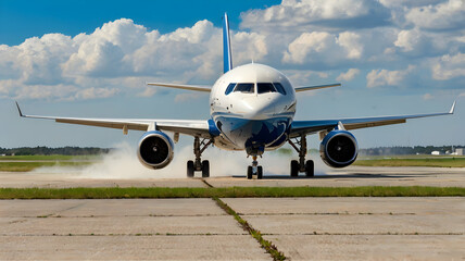 Naklejka premium Commercial airplane on rollfield preparing for takeoff with visible engines, landing gear, and airport runway details
