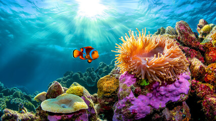 Great barrier coral reef with shoal or red coral fish and sunlight. beams shinning underwater on the tropical coral reef. Ecosystem and environment conservation concept