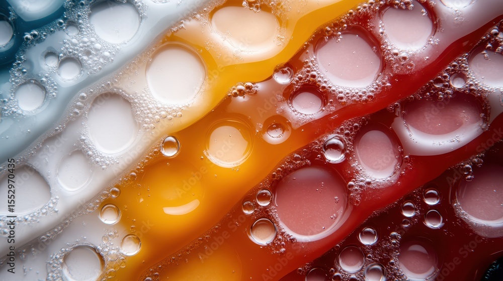 Poster an artistic abstract view of colorful bubbles rising in liquid layers, showcasing vivid hues and flu