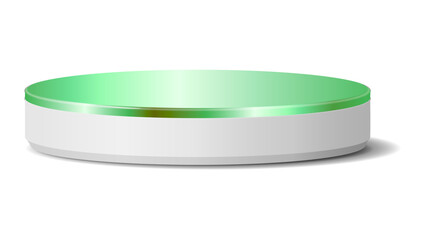 Sleek white cylindrical display podium with a glowing green metallic top, perfect for modern product presentations on a transparent background.

