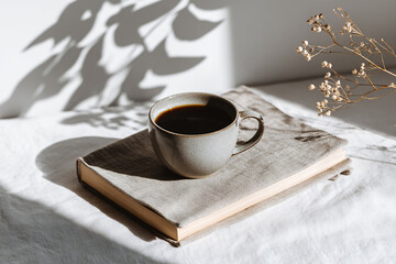 Still life in boho style of a artisan cup of coffee next to a book