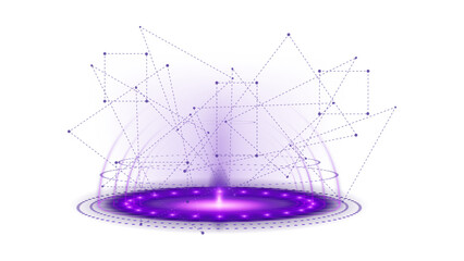 Futuristic glowing purple light portal with connected data lines, ideal for high-tech product reveals or virtual reality concepts on a transparent background.

