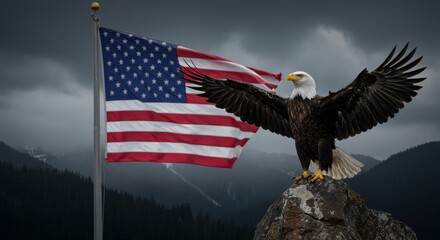 Naklejka premium Bald Eagle and American Flag in Misty Mountain Background