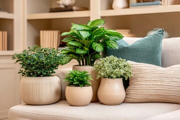 Idyllic Indoor Houseplants Arrangement Composition Featuring Botanical Design and Cozy Home Decor