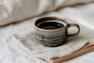 Still life in boho style of a artisan cup of coffee next to a book