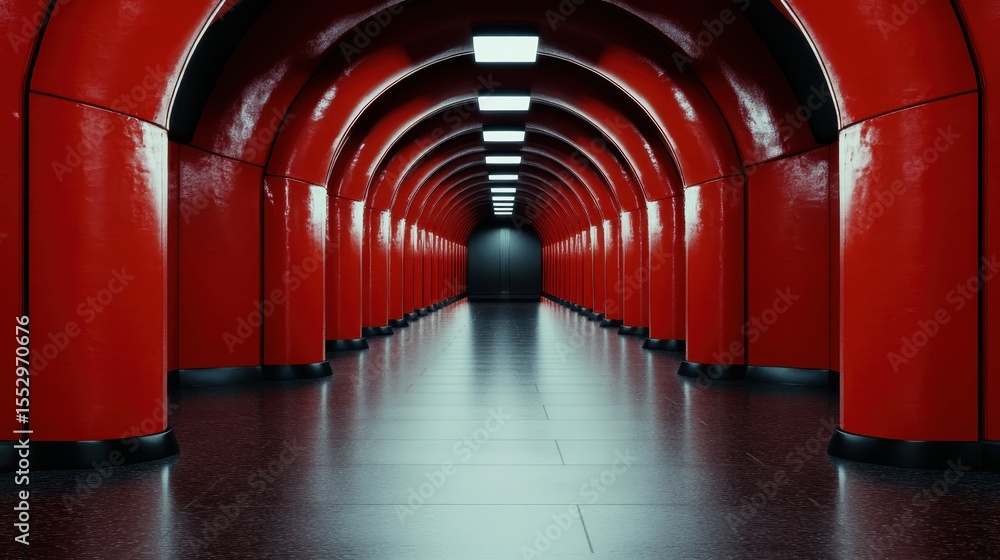 Poster an awe-inspiring image of a futuristic red tunnel with reflective surfaces, disappearing into the da