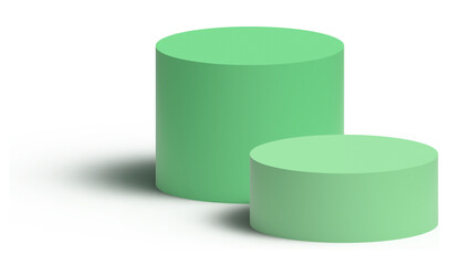Two light green cylindrical display podiums of varying heights, perfect for showcasing multiple products on a transparent background.


