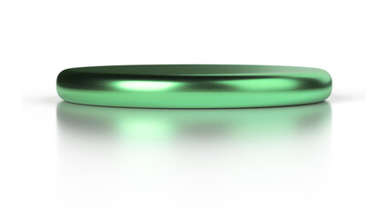 Sleek, highly reflective metallic green ring-shaped display object with a subtle shadow, ideal for showcasing small items on a transparent background.

