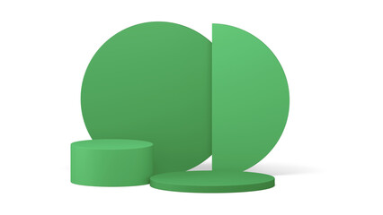 Green geometric display set with round podiums and circular backdrops, perfect for minimalist product showcases on a transparent background.

