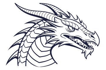 Ornate dragon head roars, showing sharp teeth, wings, and a monochrome image