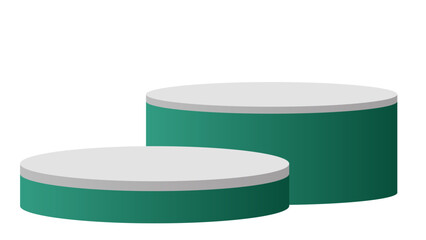 Two-tiered modern display podiums with teal bases and white tops, ideal for showcasing multiple products on a transparent background.

