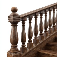Ornate dark wood staircase balustrade with detailed balusters and handrail isolated on white background