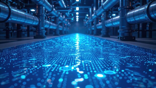 Futuristic data highway with glowing blue circuits and industrial piping system