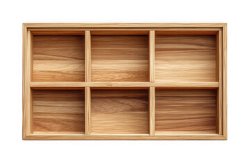 Wooden shadow box display case organizer with six compartments, wood storage box, rustic style, vintage look, empty, mockup isolated on transparent background