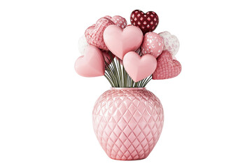 Pink heart-shaped balloons in a decorative vase isolated on transparent background