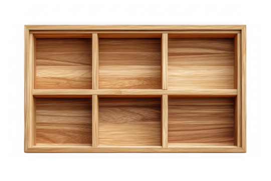 Wooden shadow box display case organizer with six compartments, wood storage box, rustic style, vintage look, empty, mockup isolated on transparent background - Powered by Adobe