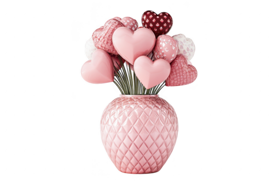 Pink heart-shaped balloons in a decorative vase isolated on transparent background