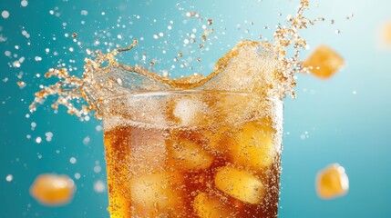 A vibrant splash of soda captures the moment of pouring into a glass filled with ice, showcasing a refreshing drink that ignites the senses and evokes thirst.
