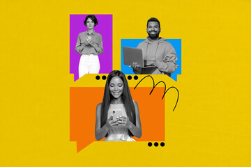 Image banner creative photo collage of happy girls guy hold phone laptop device bubble communication speech icon dialogue