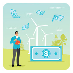 Benefits of Green Industry. Man Evaluating Renewable Energy Investment.