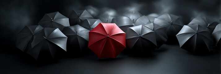 Red umbrella among grey umbrellas minimal background overhead view visual metaphor for individuality and leadership concept