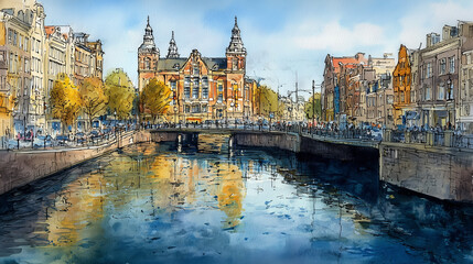 Obraz premium Watercolor cityscape of the city of Amsterdam, capital of the Netherlands (Europe)