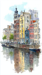 Fototapeta premium Watercolor cityscape of the city of Amsterdam, capital of the Netherlands (Europe)