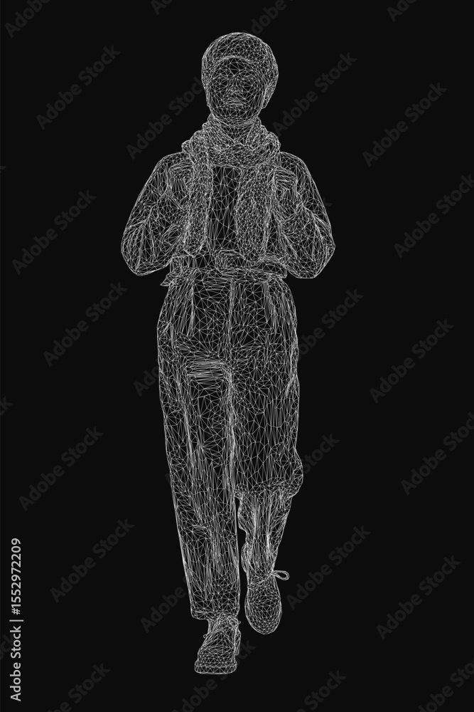 Poster a black and white wireframe man walking on a dark background, featuring a detailed skeletal structur