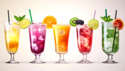 Fototapeta premium Colorful refreshing drinks line, set of elements on white background