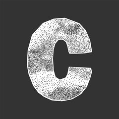 Cutout letter C from wrinkled notebook paper. Ransom note collage font with gritty halftone dots and distressed retro surface.