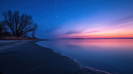 Fototapeta premium Tranquil Sunset Over Calm Waters with Silhouetted Trees and Starry Sky in Serene Landscape at Dusk on a Peaceful Evening