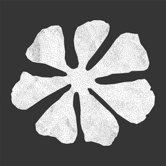 Simple flower silhouette with crumpled paper texture on dark background. Minimalistic sticker from torn notebook page with jagged edges, gritty dotted texture, halftone design.
