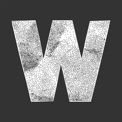 Worn paper letter W in grunge halftone style. Ransom note texture, collage cutout font, gritty dots on a crumpled surface.