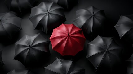 Red umbrella standout against grey umbrellas unique identity concept minimal background overhead view bold contrast