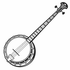Black and white line drawing of a banjo musical instrument illustration