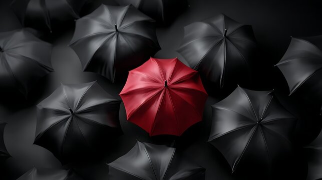 Red umbrella standout against grey umbrellas unique identity concept minimal background overhead view bold contrast