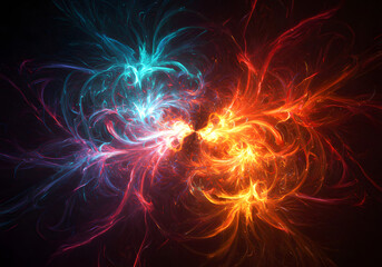 Abstract rendering of swirling energy with blue and red hues colliding in a burst of light.