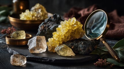 Cluster of vivid yellow sulfur crystals juxtaposed with transparent, rhombohedral calcite crystals on textured black slate surface. Vintage brass magnifying glass rests nearby