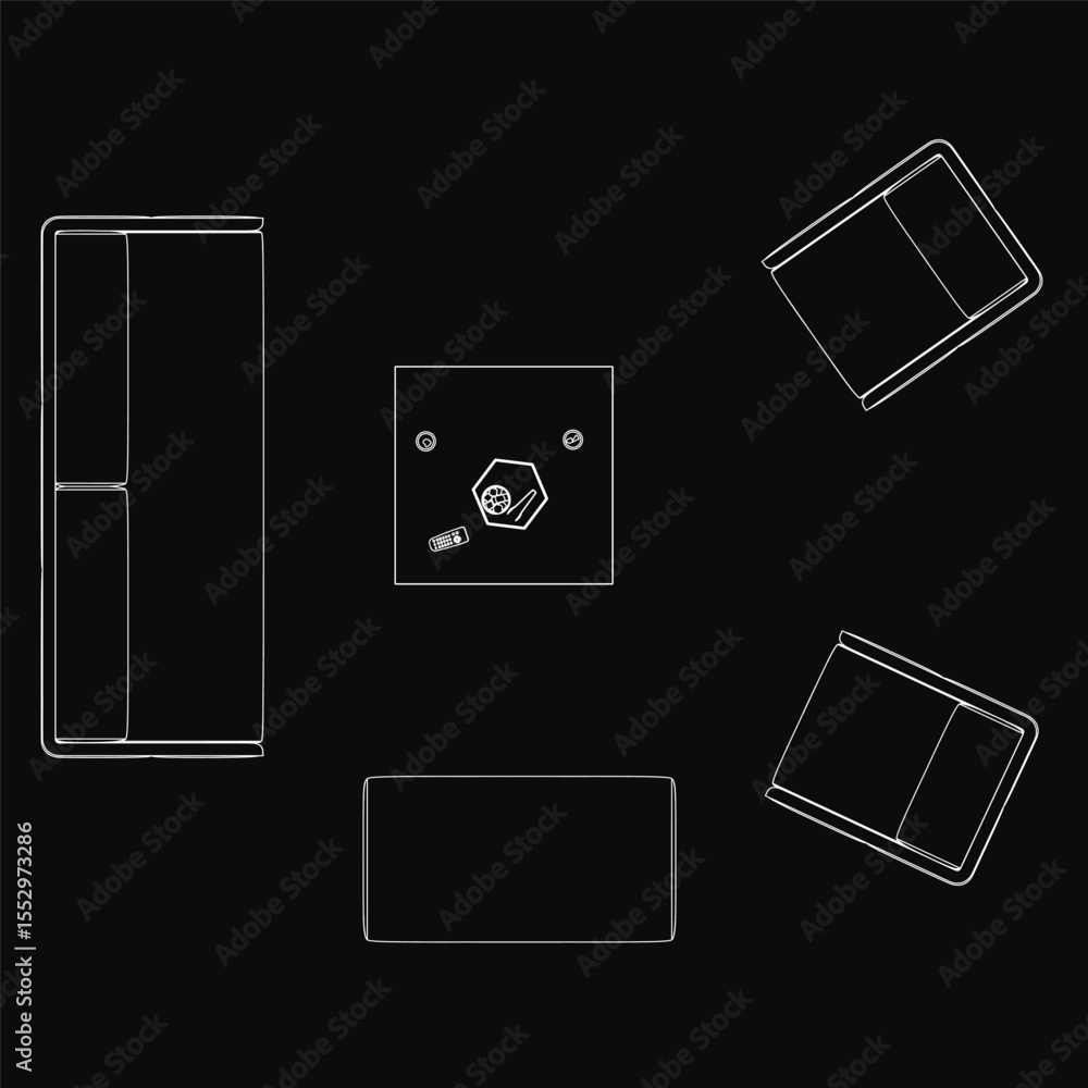 Poster black and white line drawing of various objects arranged symmetrically on a black background. each o