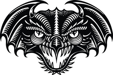 An enraged tribal dragon head displays sharp teeth and intimidating horns in monochromatic black
