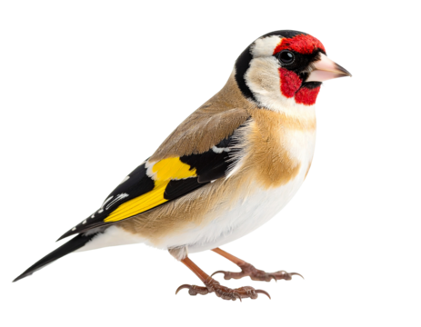European Goldfinch bird perched in profile, with red face, black wings, and yellow accents, vivid details.