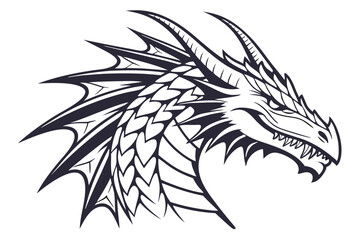 A ferocious dragon head with sharp teeth and wings is depicted in monochrome