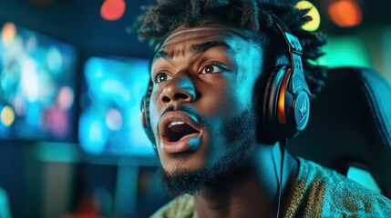 This vibrant image captures a young man wearing headphones, expressing excitement and focus while gaming in a colorful and dynamic environment filled with screen visuals.
