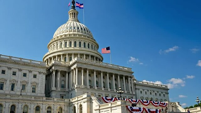 The U.S. Capitol building with flags and patriotic decor under a blue sky.
