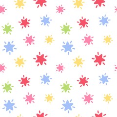 Colorful starburst pattern with red, blue, green, pink, and yellow stars on white background. Fun and lively design perfect for kids, fabric, and party themes.