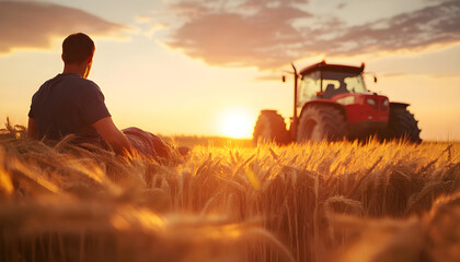 Fototapeta premium young farmer relaxes on a wooden crate next to a bright red tractor in a vast wheat field at sunset. The landscape is peaceful and rural, showcasing the beauty of agriculture