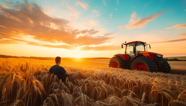 young farmer relaxes on a wooden crate next to a bright red tractor in a vast wheat field at sunset. The landscape is peaceful and rural, showcasing the beauty of agriculture