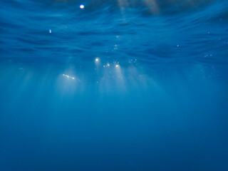 The sun shines through water, casting mottled light and shadow, intertwined with countless bubbles...