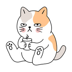 Cartoon cute boring cat drink coffee vector.